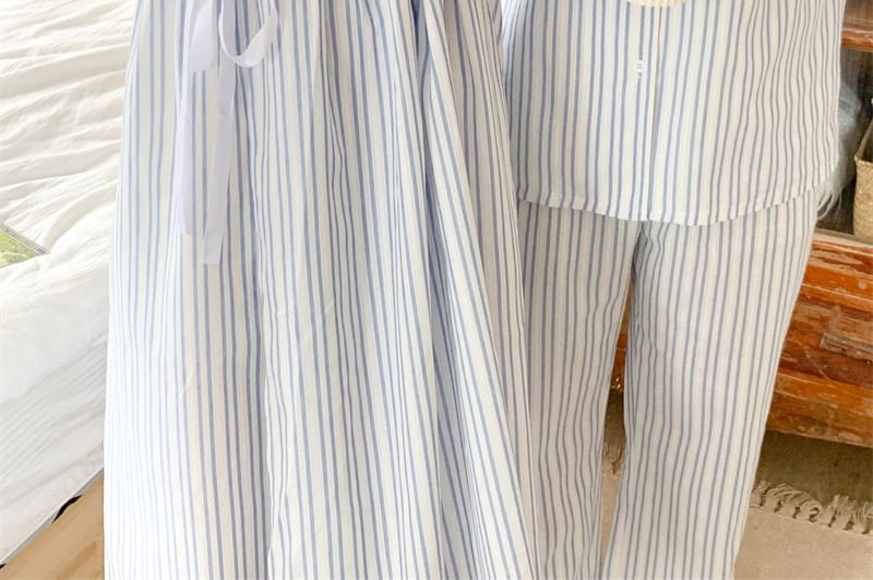 Couple Matching Long-Sleeve Collared Striped Pajama Shirt / Straight Leg Pants / V-Neck Ruffle Pajama Dress / Set