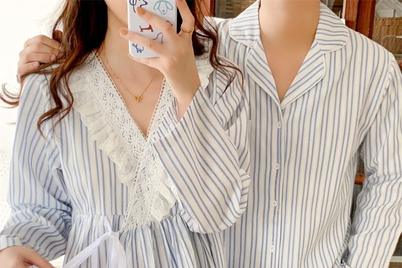Couple Matching Long-Sleeve Collared Striped Pajama Shirt / Straight Leg Pants / V-Neck Ruffle Pajama Dress / Set
