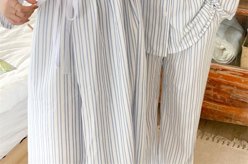 Couple Matching Long-Sleeve Collared Striped Pajama Shirt / Straight Leg Pants / V-Neck Ruffle Pajama Dress / Set