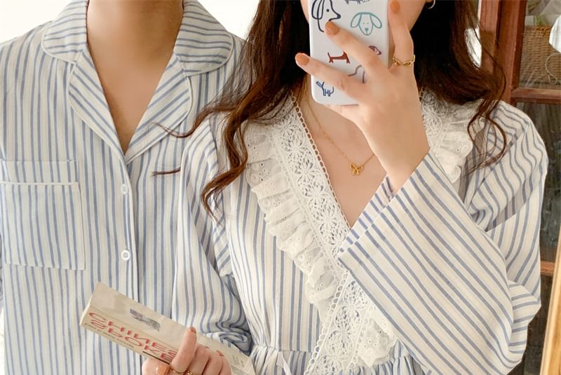 Couple Matching Long-Sleeve Collared Striped Pajama Shirt / Straight Leg Pants / V-Neck Ruffle Pajama Dress / Set