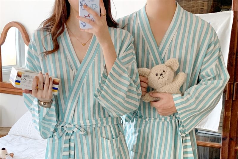 Couple Matching V-Neck Striped Tie Front Robe