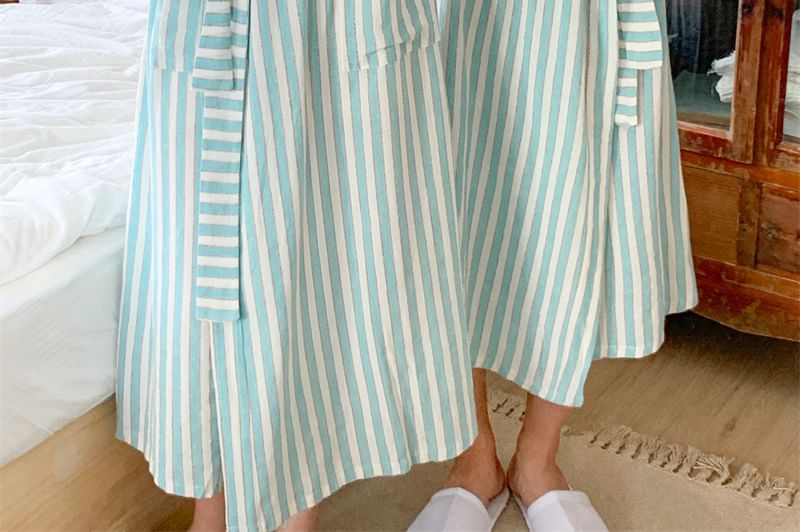 Couple Matching V-Neck Striped Tie Front Robe