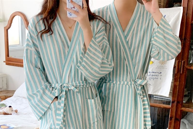 Couple Matching V-Neck Striped Tie Front Robe