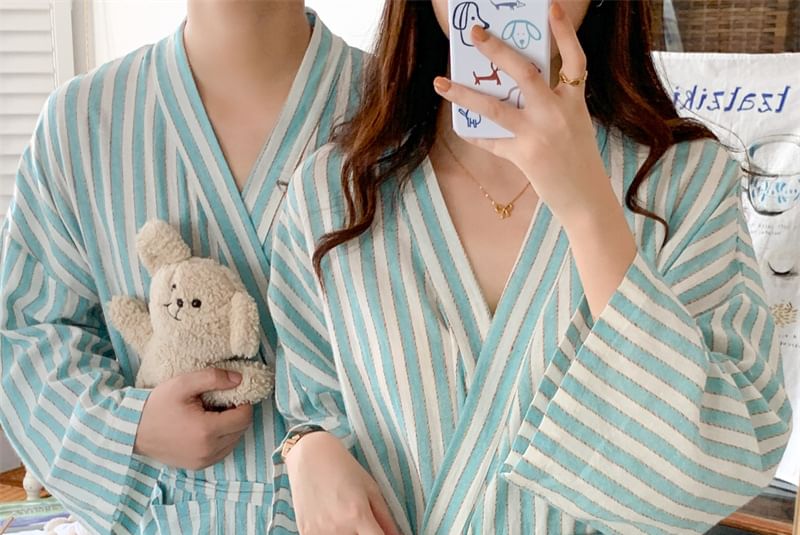Couple Matching V-Neck Striped Tie Front Robe