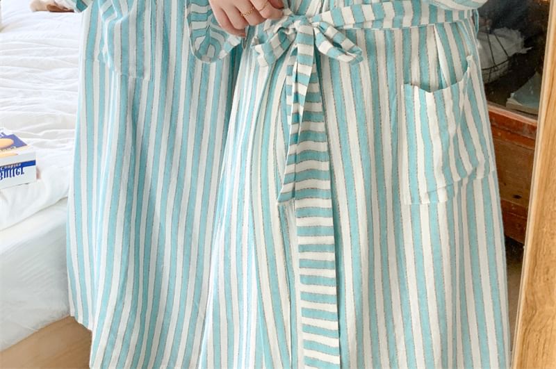 Couple Matching V-Neck Striped Tie Front Robe
