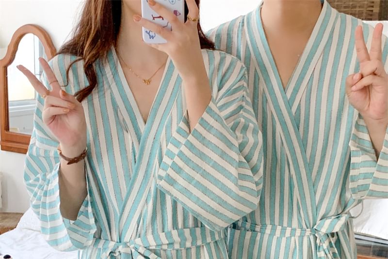 Couple Matching V-Neck Striped Tie Front Robe