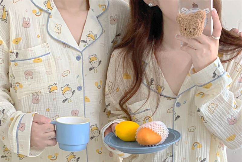 Couple Matching Pajama Set: Long-Sleeve Collared Cartoon Print Shirt + Straight Leg Pants (Various Designs)