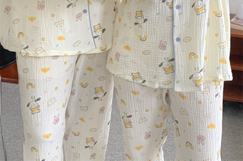Couple Matching Pajama Set: Long-Sleeve Collared Cartoon Print Shirt + Straight Leg Pants (Various Designs)