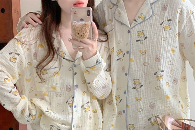 Couple Matching Pajama Set: Long-Sleeve Collared Cartoon Print Shirt + Straight Leg Pants (Various Designs)