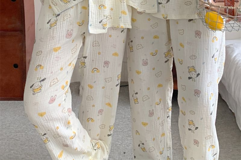 Couple Matching Pajama Set: Long-Sleeve Collared Cartoon Print Shirt + Straight Leg Pants (Various Designs)