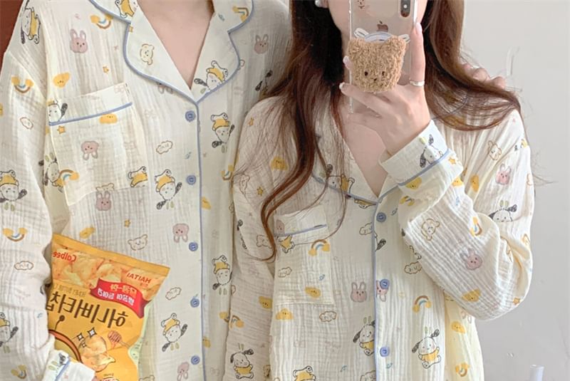 Couple Matching Pajama Set: Long-Sleeve Collared Cartoon Print Shirt + Straight Leg Pants (Various Designs)