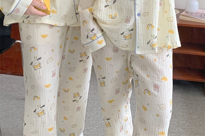 Couple Matching Pajama Set: Long-Sleeve Collared Cartoon Print Shirt + Straight Leg Pants (Various Designs)