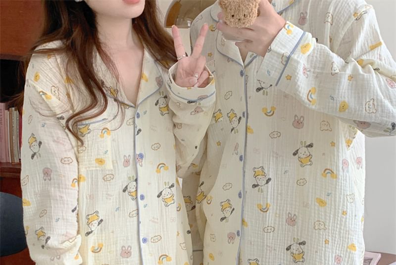 Couple Matching Pajama Set: Long-Sleeve Collared Cartoon Print Shirt + Straight Leg Pants (Various Designs)