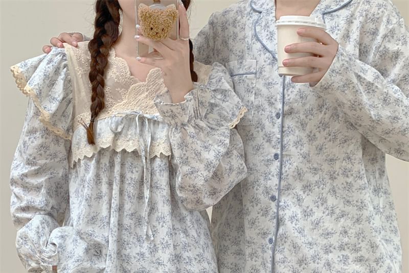 Couple Matching Long-Sleeve Floral Pajama Top / Pants / Midi Sleep Dress / Set (Various Designs)