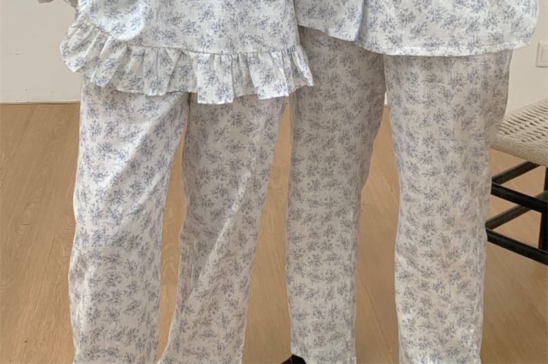 Couple Matching Long-Sleeve Floral Pajama Top / Pants / Midi Sleep Dress / Set (Various Designs)