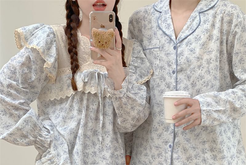 Couple Matching Long-Sleeve Floral Pajama Top / Pants / Midi Sleep Dress / Set (Various Designs)