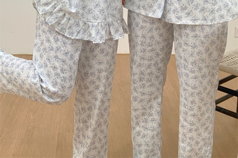 Couple Matching Long-Sleeve Floral Pajama Top / Pants / Midi Sleep Dress / Set (Various Designs)