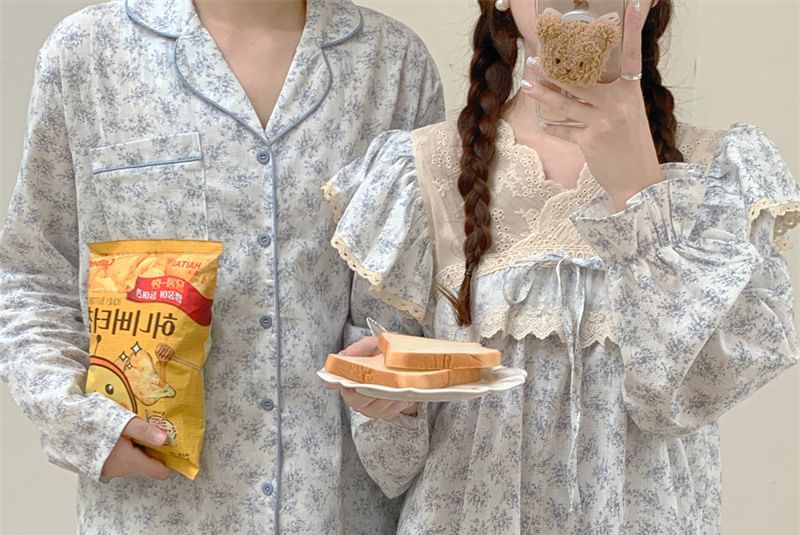 Couple Matching Long-Sleeve Floral Pajama Top / Pants / Midi Sleep Dress / Set (Various Designs)