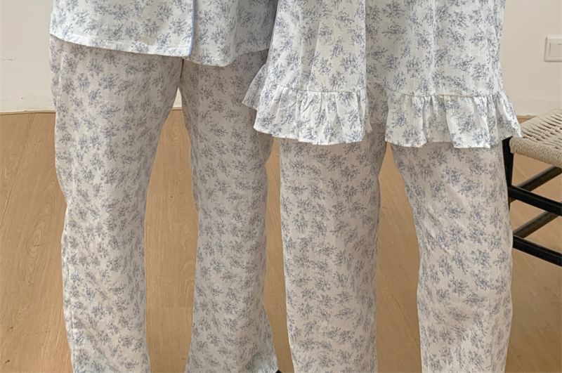 Couple Matching Long-Sleeve Floral Pajama Top / Pants / Midi Sleep Dress / Set (Various Designs)