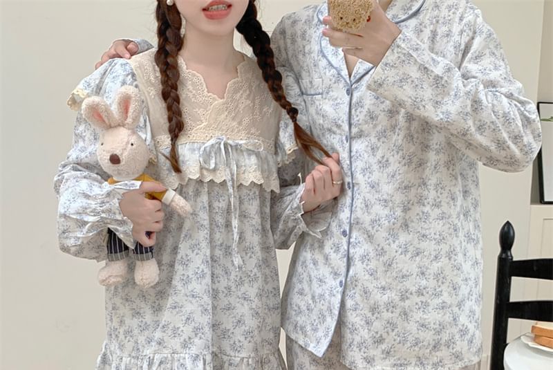 Couple Matching Long-Sleeve Floral Pajama Top / Pants / Midi Sleep Dress / Set (Various Designs)
