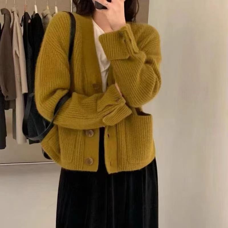 V-Neck Solid Button-Front Knit Jacket