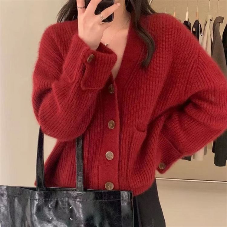 V-Neck Solid Button-Front Knit Jacket