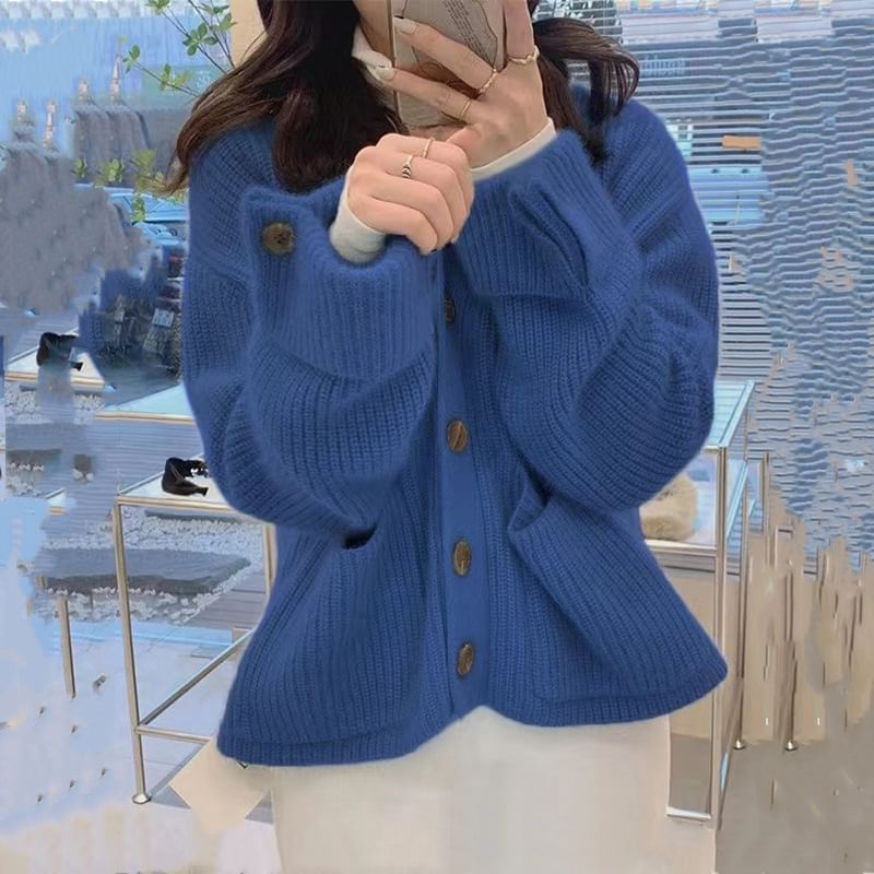V-Neck Solid Button-Front Knit Jacket