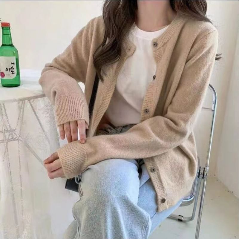 Crew Neck Solid Button-Up Knit Jacket