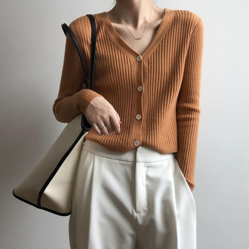 Long Sleeve V-Neck Button Cropped Ribbed Knit Sweater