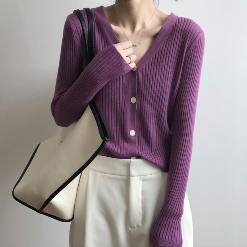 Long Sleeve V-Neck Button Cropped Ribbed Knit Sweater
