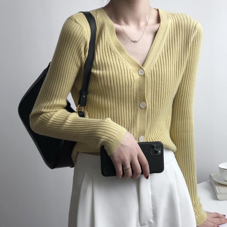 Long Sleeve V-Neck Button Cropped Ribbed Knit Sweater