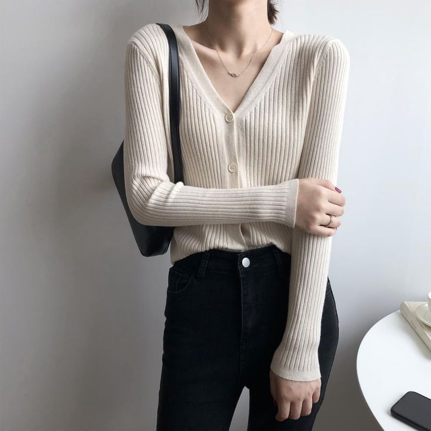 Long Sleeve V-Neck Button Cropped Ribbed Knit Sweater