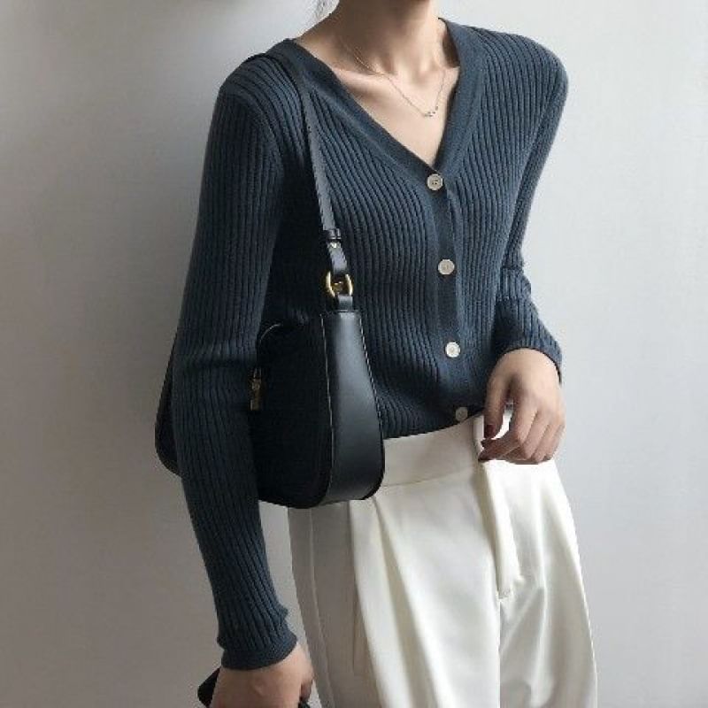 Long Sleeve V-Neck Button Cropped Ribbed Knit Sweater