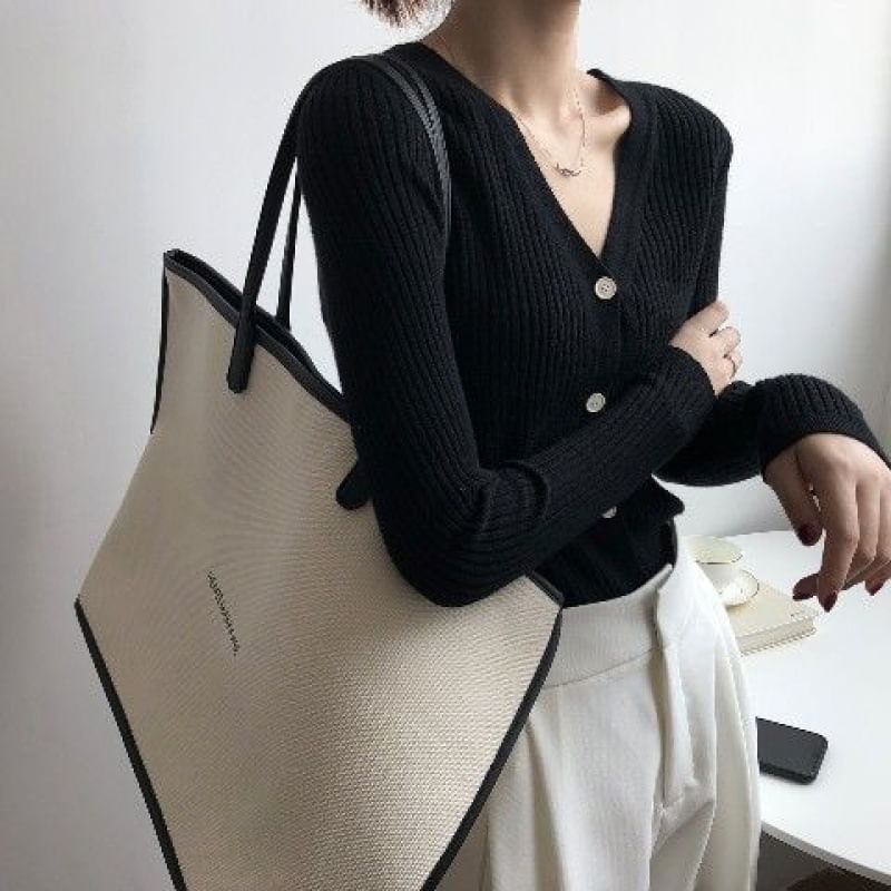 Long Sleeve V-Neck Button Cropped Ribbed Knit Sweater