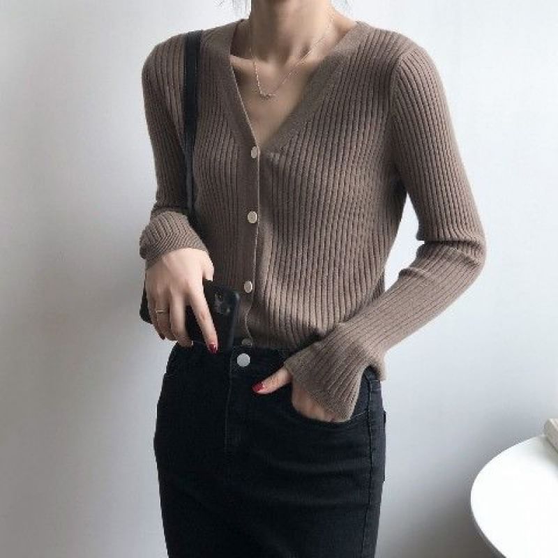 Long Sleeve V-Neck Button Cropped Ribbed Knit Sweater