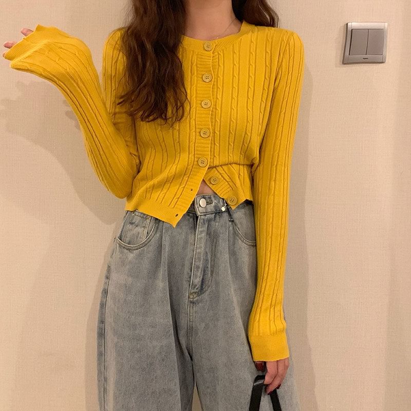 Round Neck Solid Cable Knit Cropped Sweater