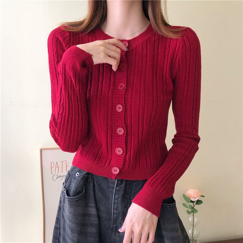 Round Neck Solid Cable Knit Cropped Sweater