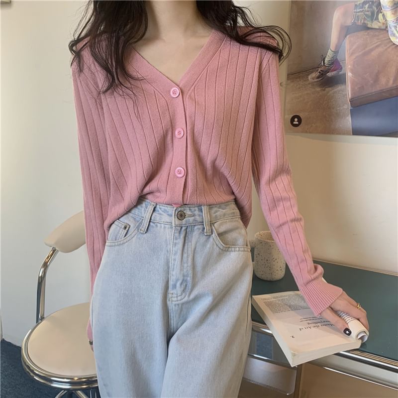 V-Neck Solid Button-Up Cropped Knit Jacket