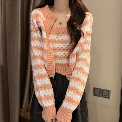 Set: Scoop Neck Striped Cami Top / Button Cardigan