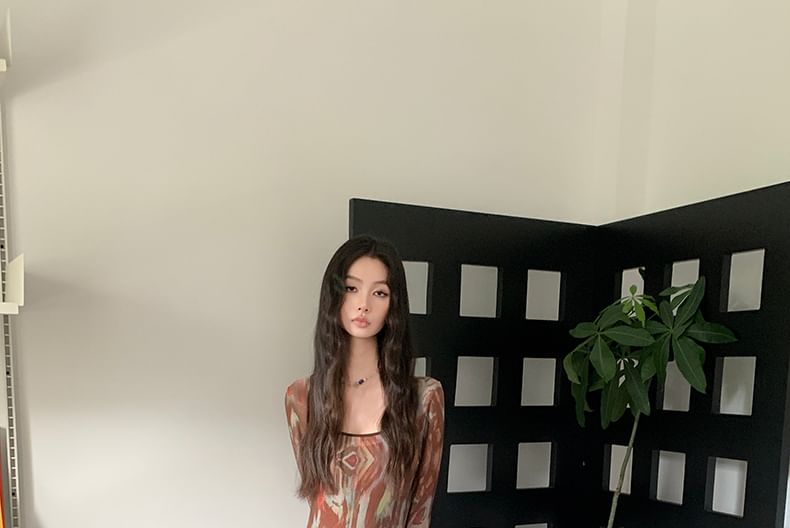 Scoop Neck Tie-Dye Long-Sleeve A-Line Maxi Dress