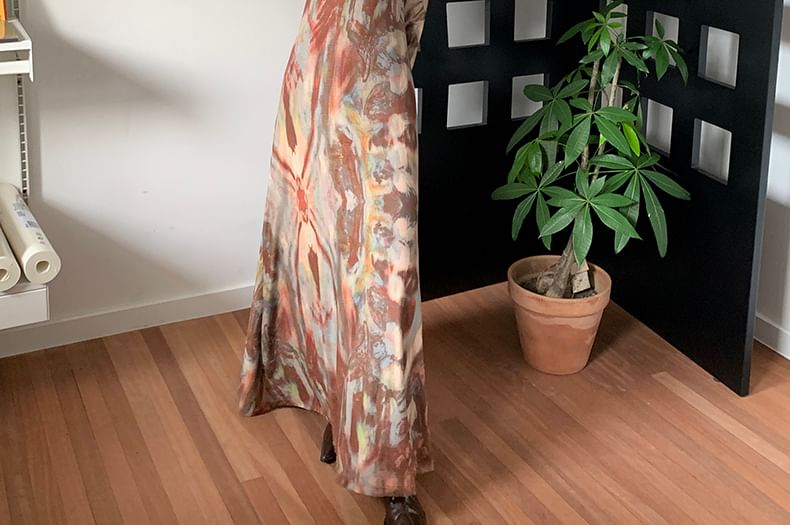 Scoop Neck Tie-Dye Long-Sleeve A-Line Maxi Dress