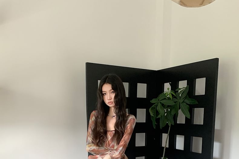 Scoop Neck Tie-Dye Long-Sleeve A-Line Maxi Dress