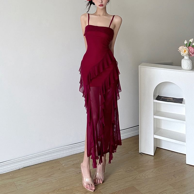 Ruffle Hem Spaghetti Strap Bodycon Maxi Dress