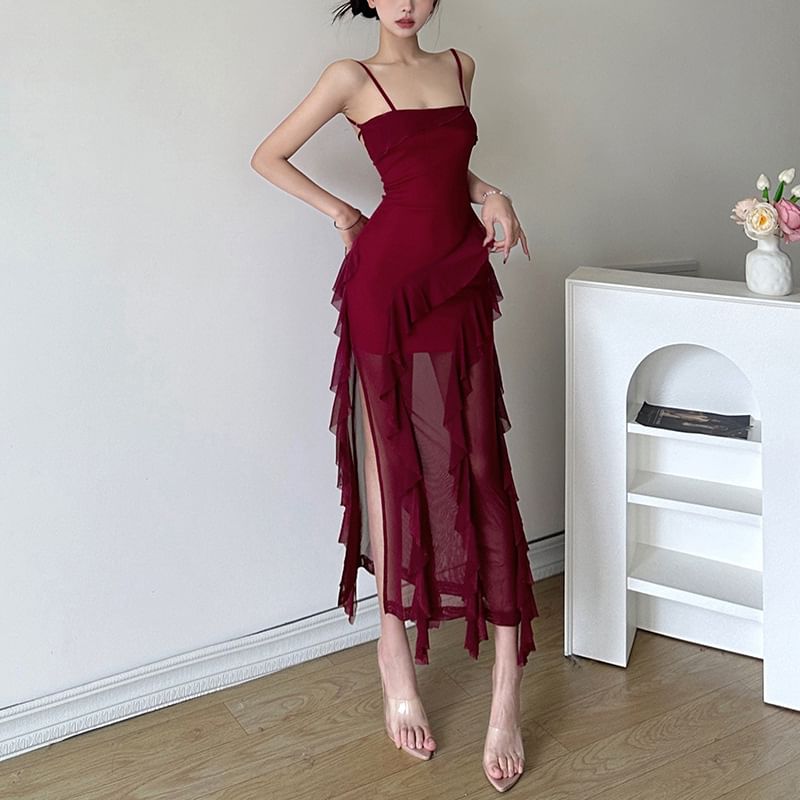 Ruffle Hem Spaghetti Strap Bodycon Maxi Dress