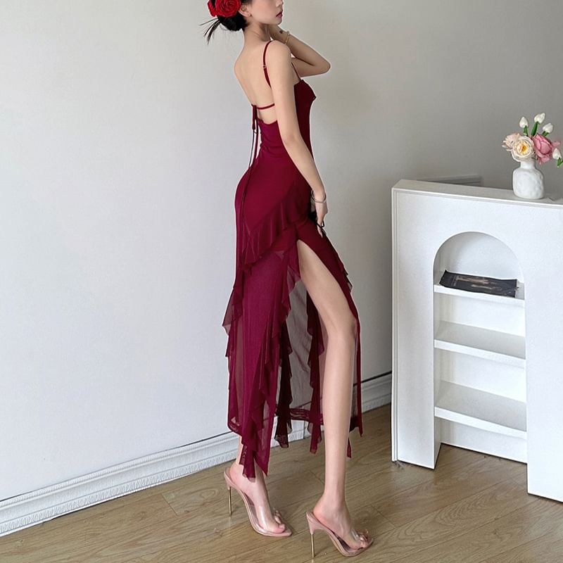 Ruffle Hem Spaghetti Strap Bodycon Maxi Dress