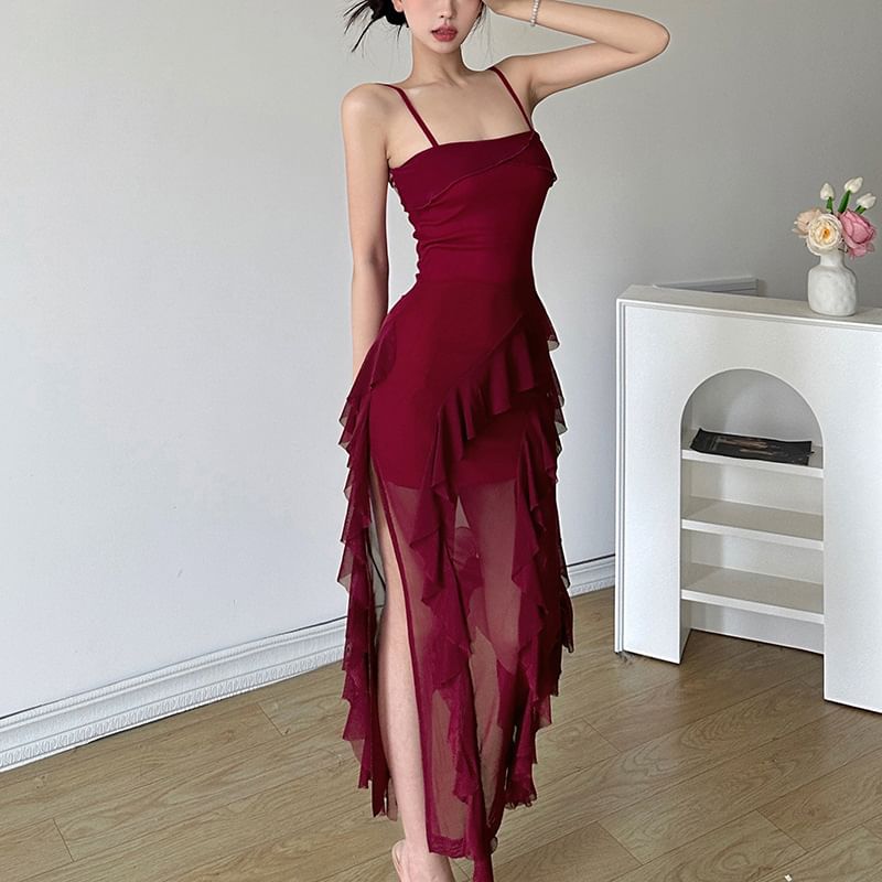 Ruffle Hem Spaghetti Strap Bodycon Maxi Dress