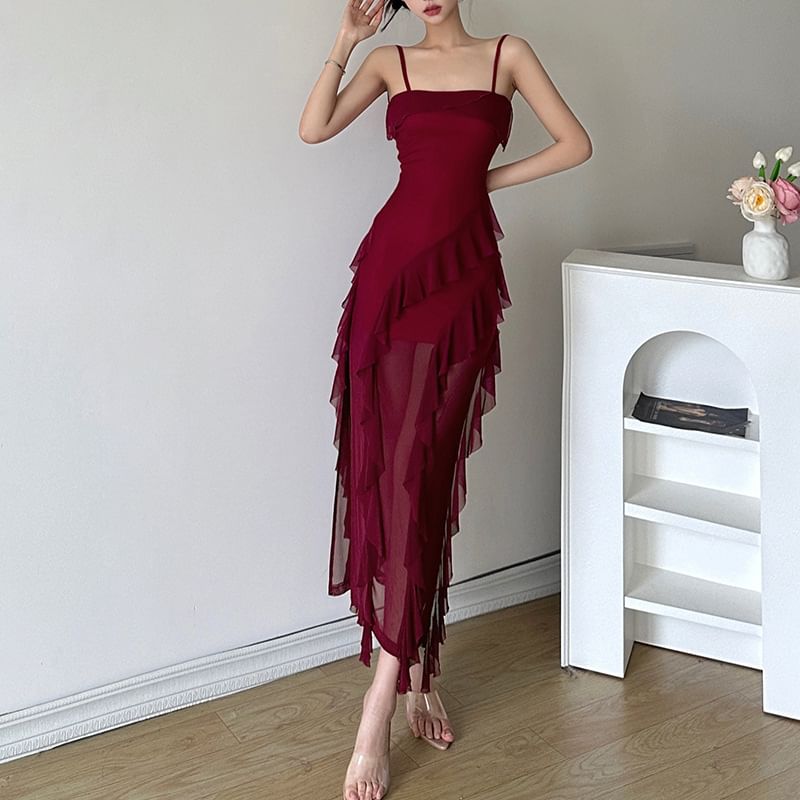Ruffle Hem Spaghetti Strap Bodycon Maxi Dress