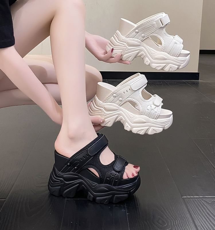 Adhesive Strap Platform Chunky Heel Slide Sandals
