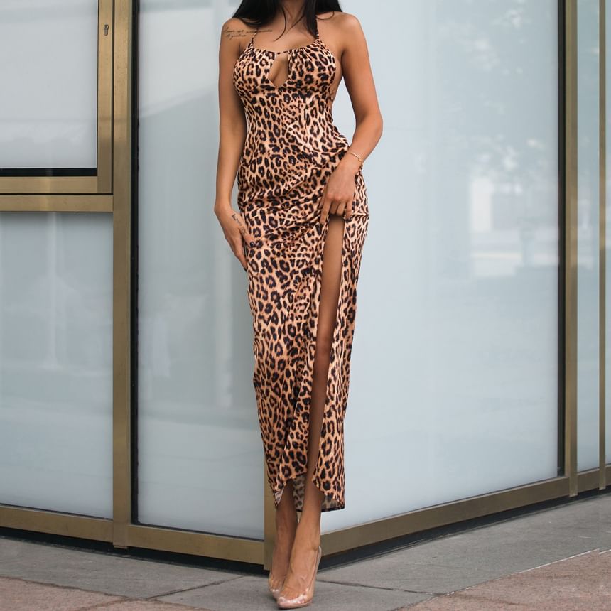 Leopard Print Halter Side-Slit Fitted Maxi Gown