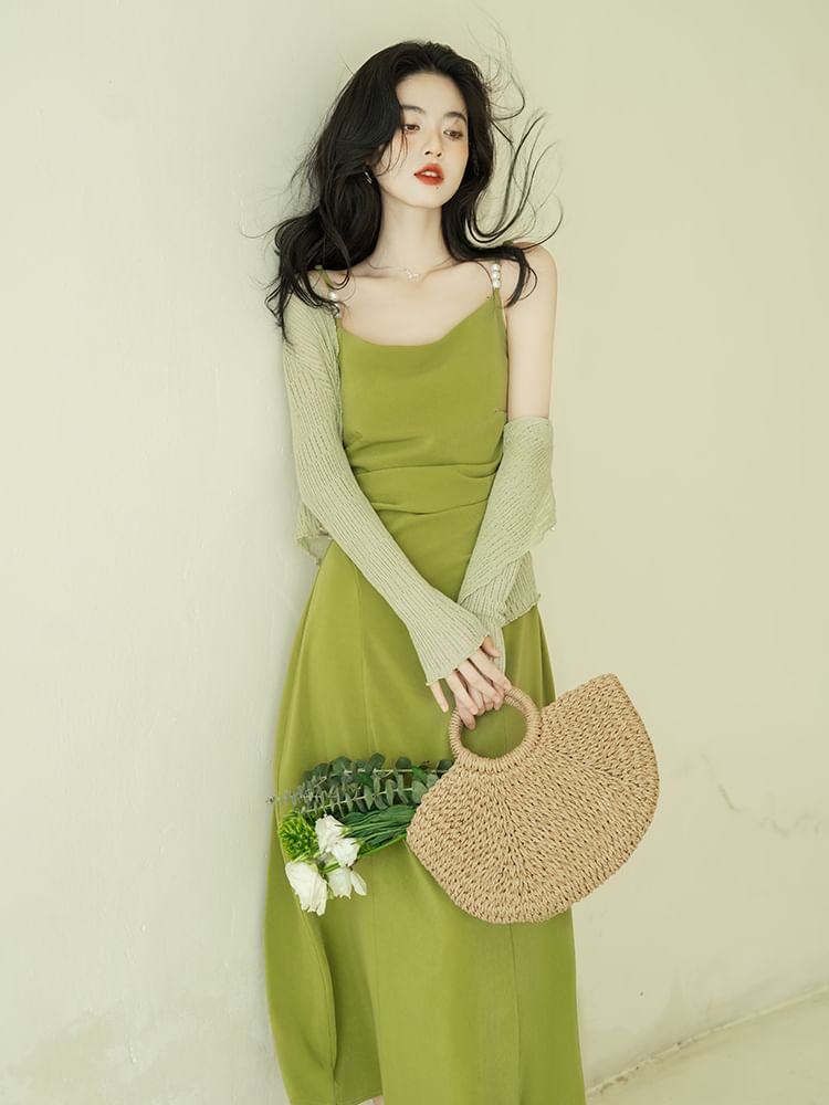 Spaghetti Strap A-Line Maxi Dress with Light Jacket Set